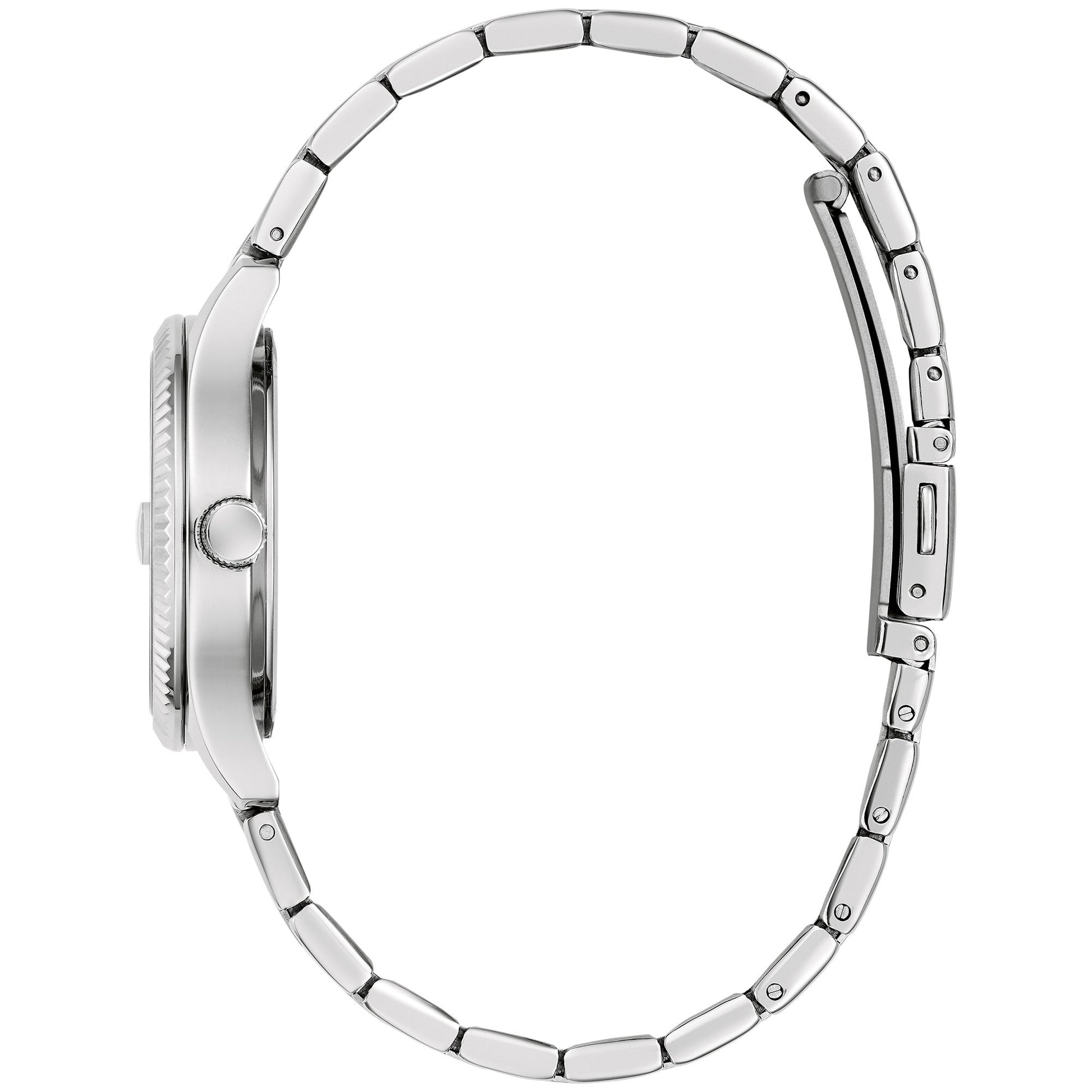 Side profile of the Caravelle 43M124 showing the fluted bezel, crown, and contoured bracelet links.