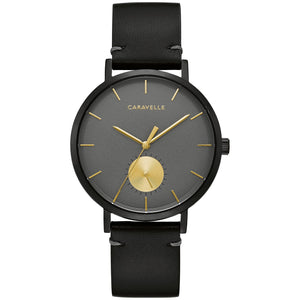 Caravelle by Bulova 44A119 men's watch featuring a gray dial with minimalist index hour markers and a 24-hour sub-dial at six o'clock, encased in a 39.5mm black stainless steel case, paired with a black leather strap.​