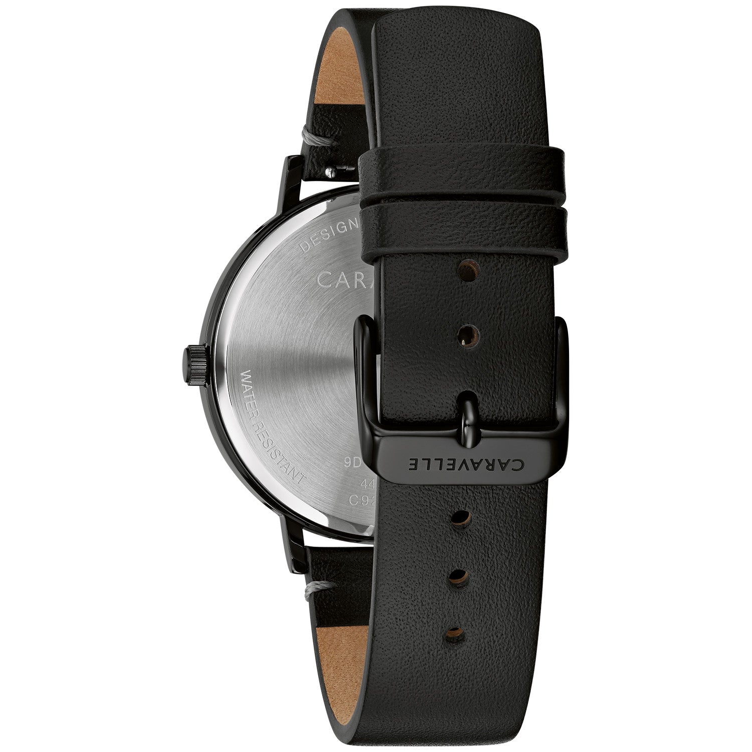 Rear view of the Caravelle by Bulova 44A119, highlighting the stainless steel case back and the black leather strap.