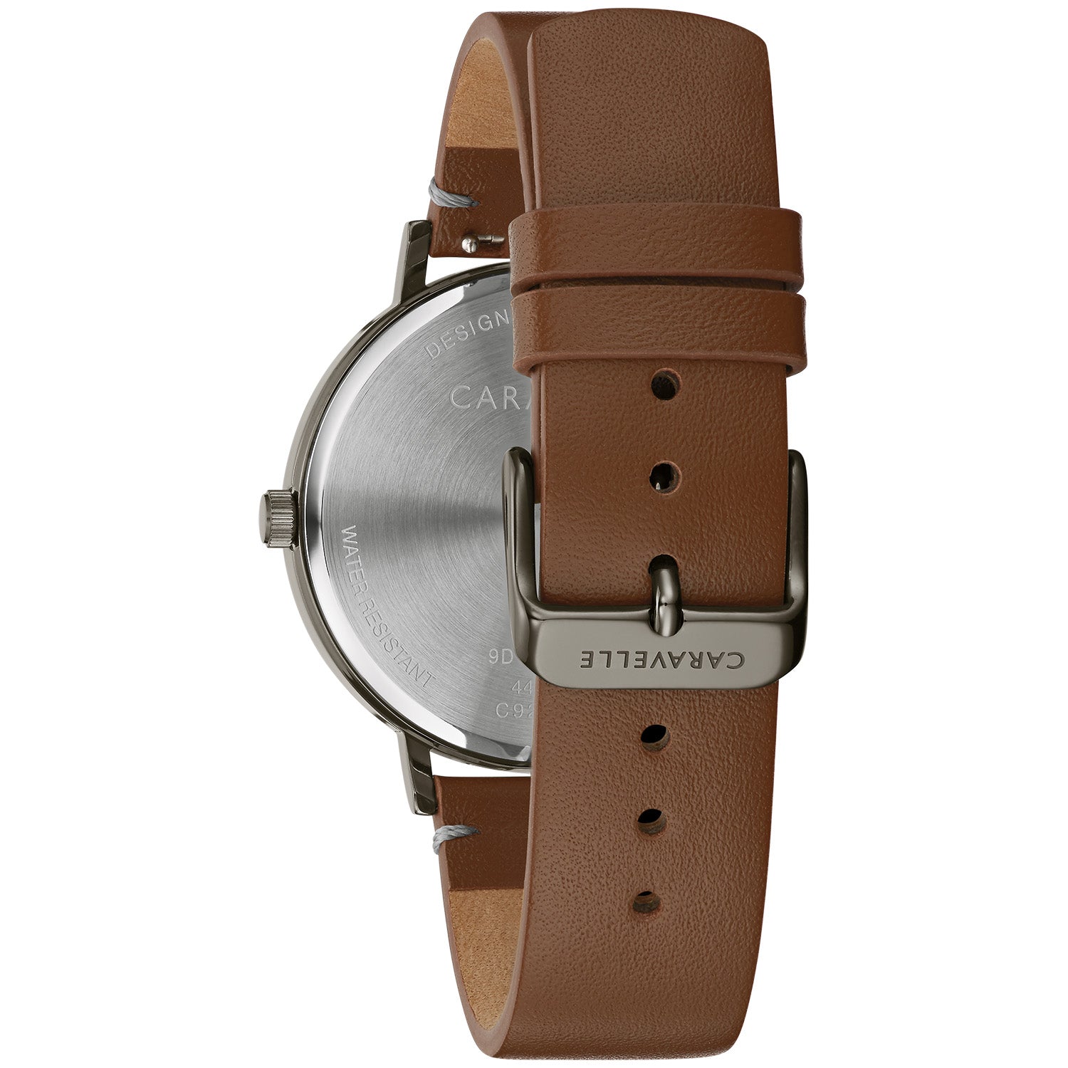  Rear view of the Caravelle by Bulova 44A120, highlighting the stainless steel case back and the brown leather strap.