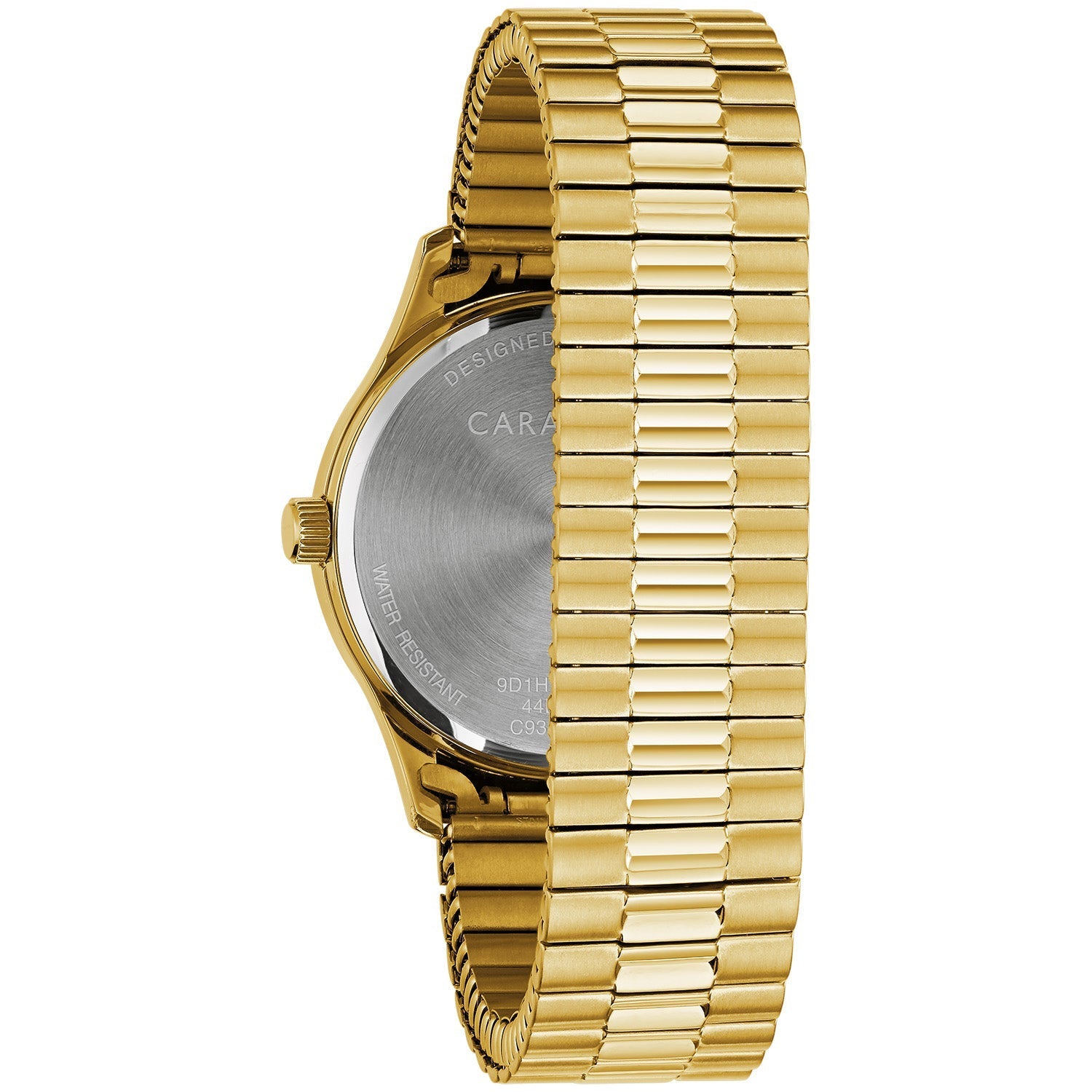 Rear view of the Caravelle by Bulova 44B126, highlighting the stainless steel case back and the design of the expansion bracelet.