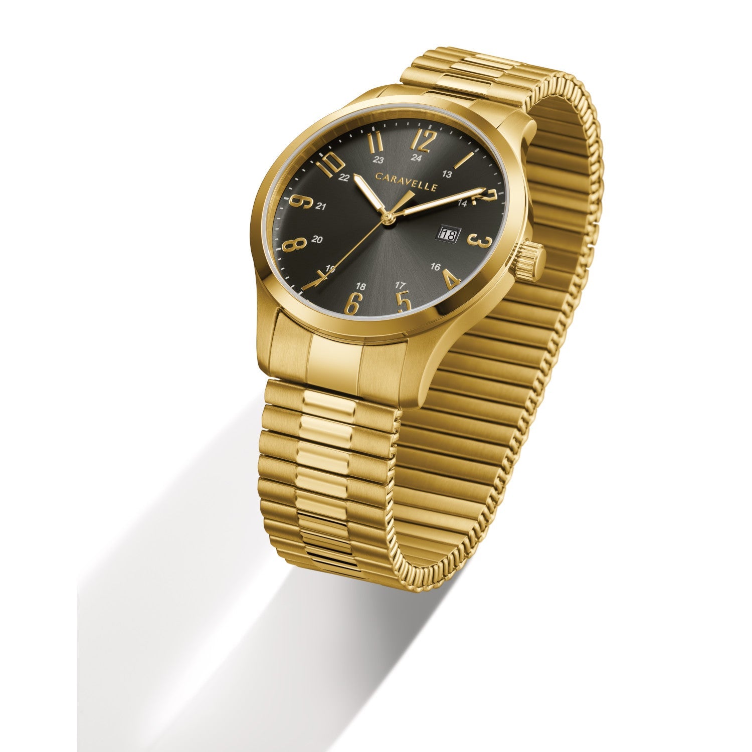 Caravelle by Bulova 44B126 men's watch featuring a gray dial with gold-tone markers and hands, encased in a 40mm gold-tone stainless steel case, paired with a gold-tone stainless steel expansion bracelet.