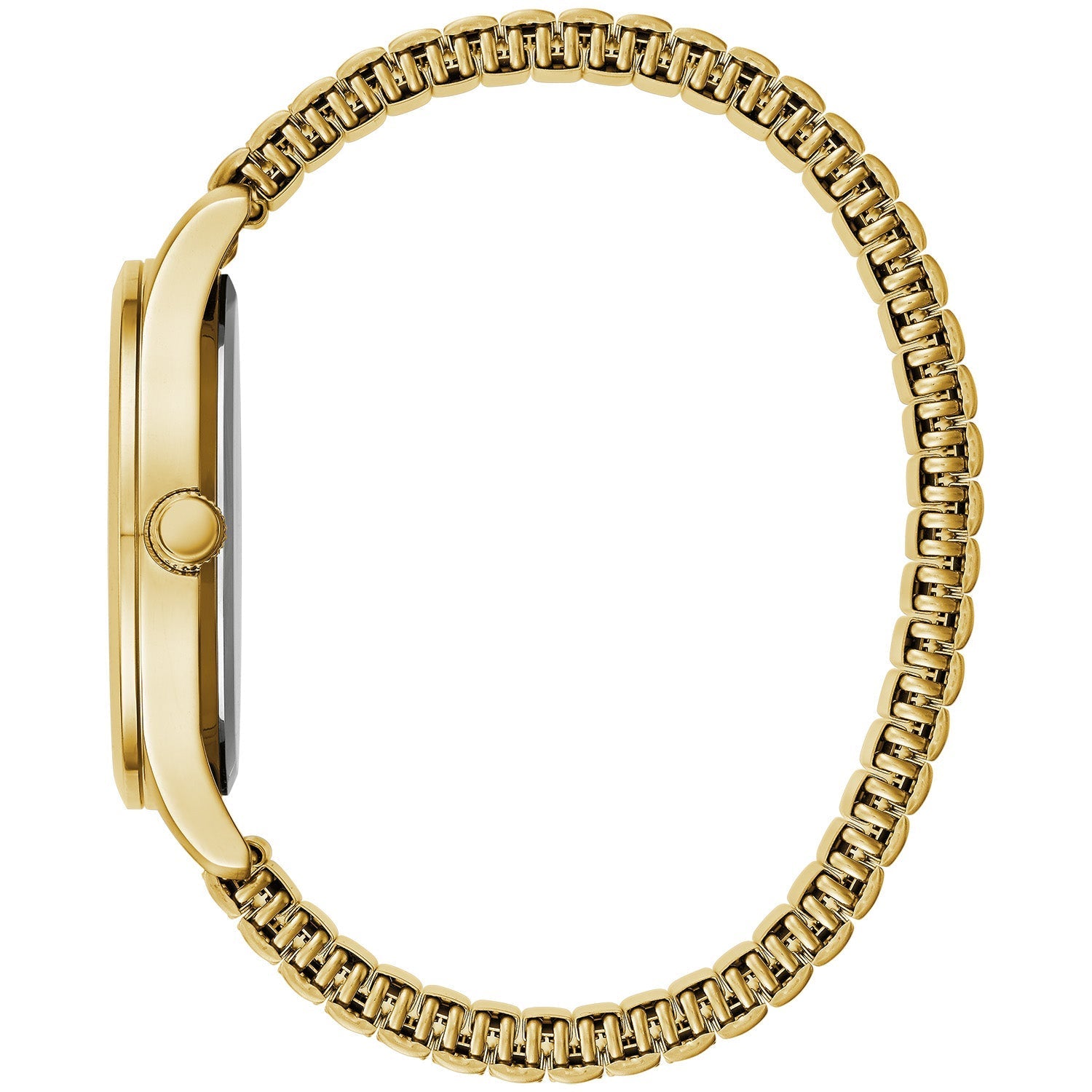  Side profile of the Caravelle by Bulova 44B126, showcasing the sleek gold-tone stainless steel case and the flexible expansion bracelet.