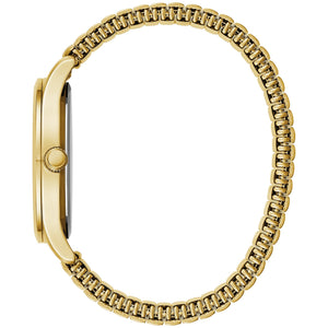  Side profile of the Caravelle by Bulova 44B126, showcasing the sleek gold-tone stainless steel case and the flexible expansion bracelet.