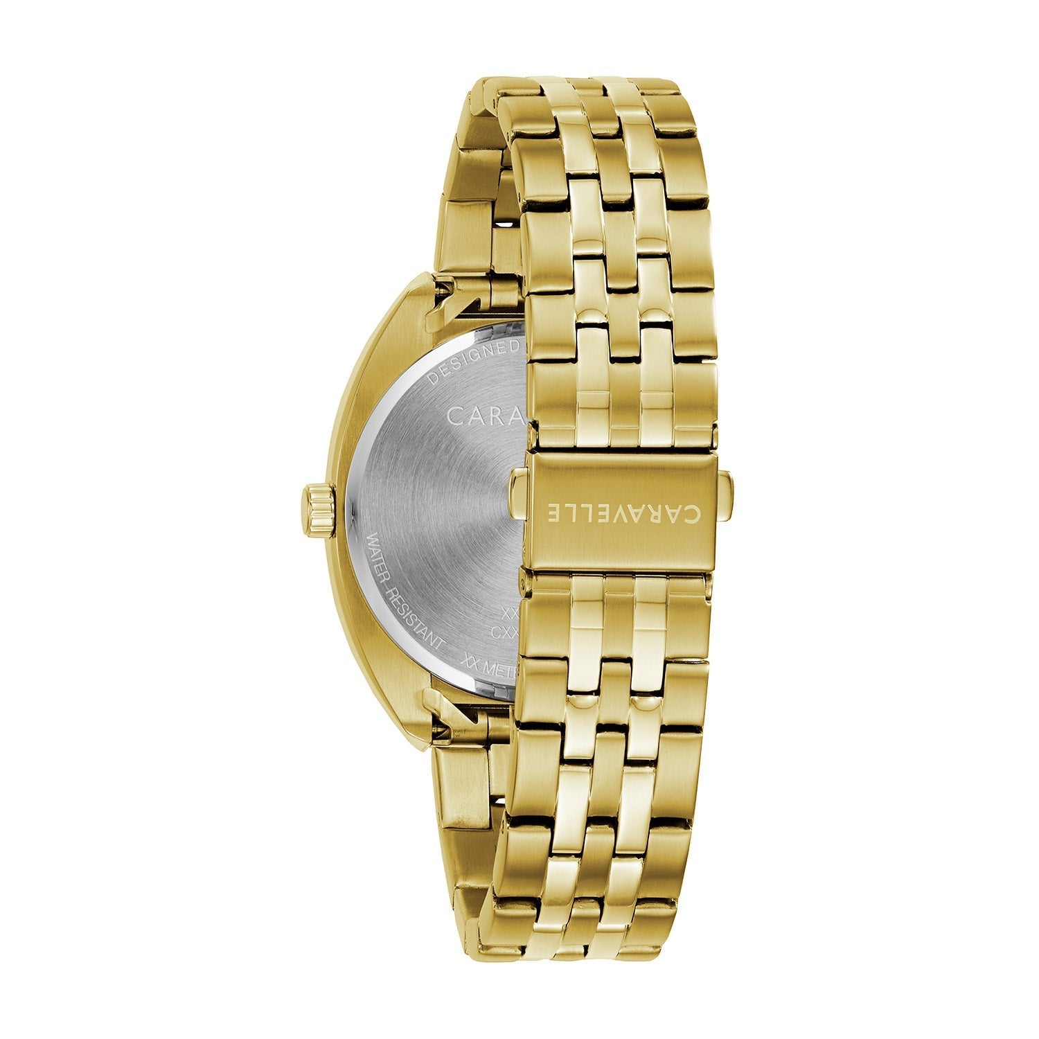 Rear view of the Caravelle by Bulova 44C110, highlighting the stainless steel case back and the bracelet's double-push fold-over clasp.​