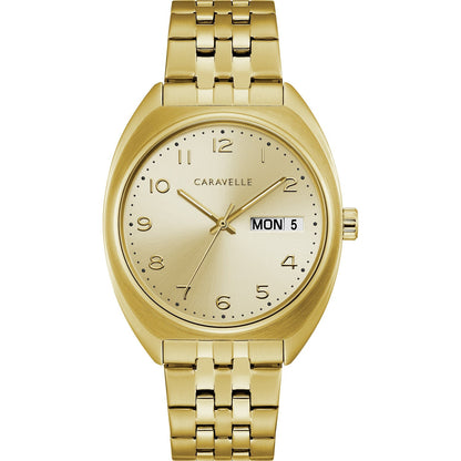 Caravelle by Bulova 44C110 men's watch featuring a champagne sunray dial with Arabic numeral hour markers and day/date windows, encased in a 40mm gold-tone stainless steel case, paired with a matching gold-tone stainless steel bracelet.