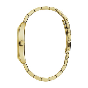 Side profile of the Caravelle by Bulova 44C110, showcasing the domed mineral crystal and the sleek design of the gold-tone stainless steel case.