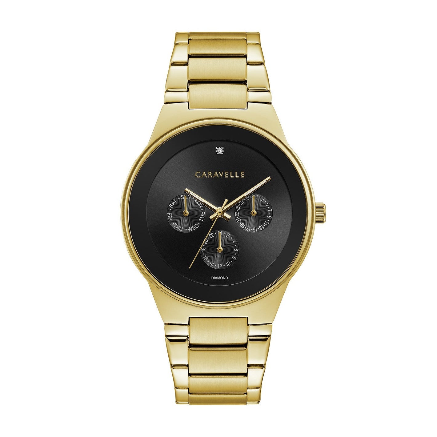 Caravelle by Bulova 44D102 watch featuring a 40mm gold-tone stainless steel case, black dial with diamond accent, and gold-tone bracelet—front view.