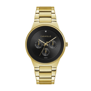 Caravelle by Bulova 44D102 watch featuring a 40mm gold-tone stainless steel case, black dial with diamond accent, and gold-tone bracelet—front view.