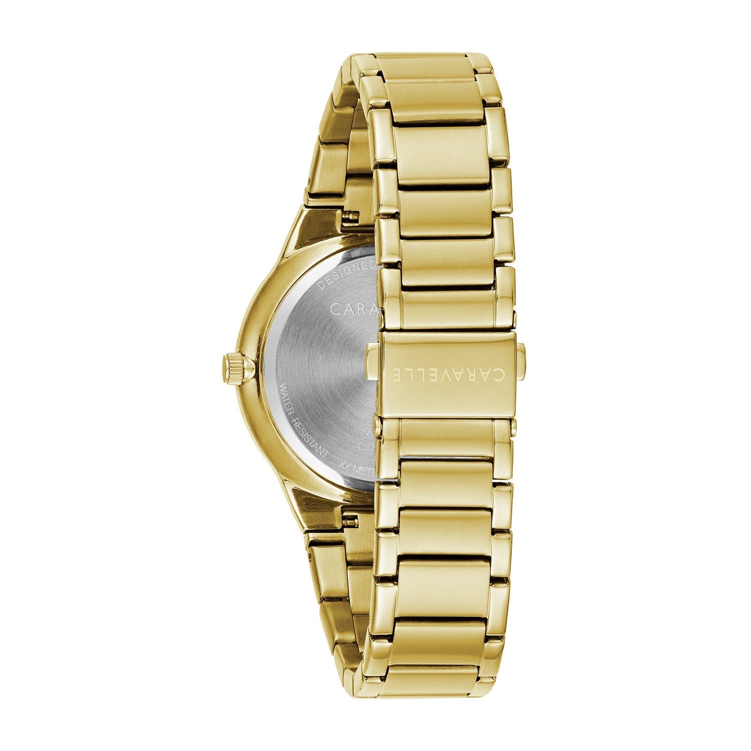 Rear view of the Caravelle 44D102, showcasing the stainless steel case back and bracelet with fold-over clasp.