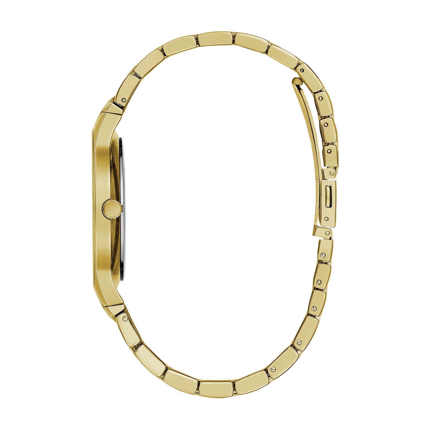 Profile view of the Caravelle 44D102, highlighting its sleek case design and edge-to-edge metallized crystal.
