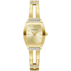 Caravelle by Bulova 44L226 women's watch with a 22mm gold-tone stainless steel case, champagne dial, and crystal-accented expandable bangle.