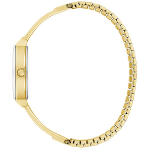 SiRear view of the Caravelle 44L226 highlighting the expandable stainless steel bangle and clasp mechanism.de profile of the Caravelle 44L226 showcasing the edge-to-edge metallized curved mineral crystal and slim case design.