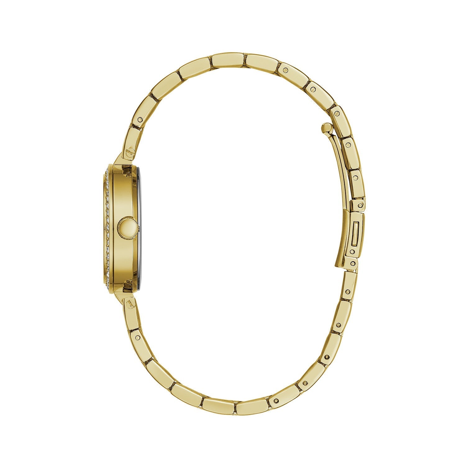 Side profile of the Caravelle by Bulova 44L243, highlighting the sleek gold-tone stainless steel case and the crystal-set bezel.