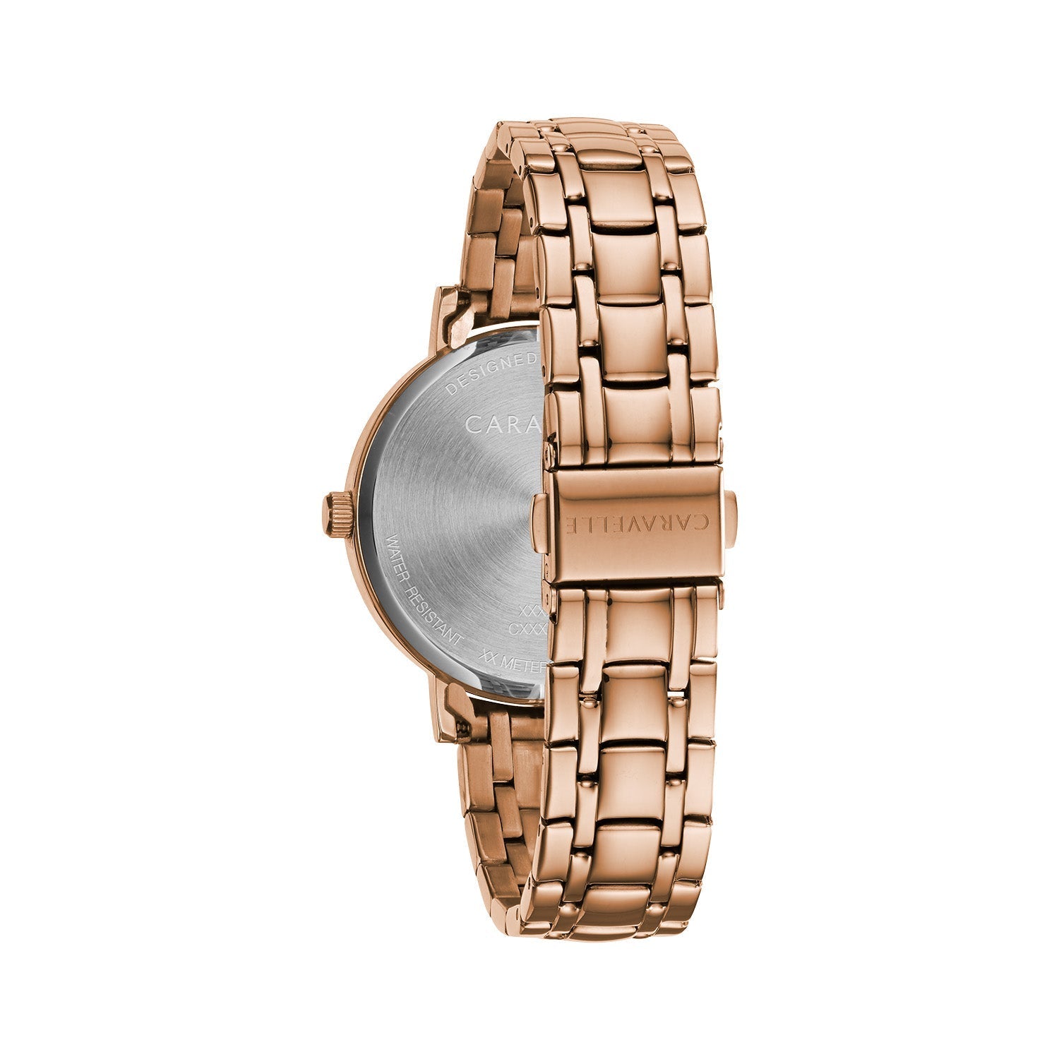Back view of the Caravelle by Bulova 44L252, highlighting the stainless steel case back with engraved branding and the bracelet's fold-over clasp mechanism.