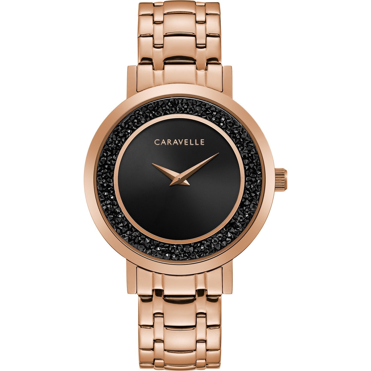 Caravelle by Bulova 44L252 women's watch featuring a black dial with rose gold-tone accents, encircled by jet black rock crystals, and complemented by a rose gold-tone stainless steel bracelet—front view