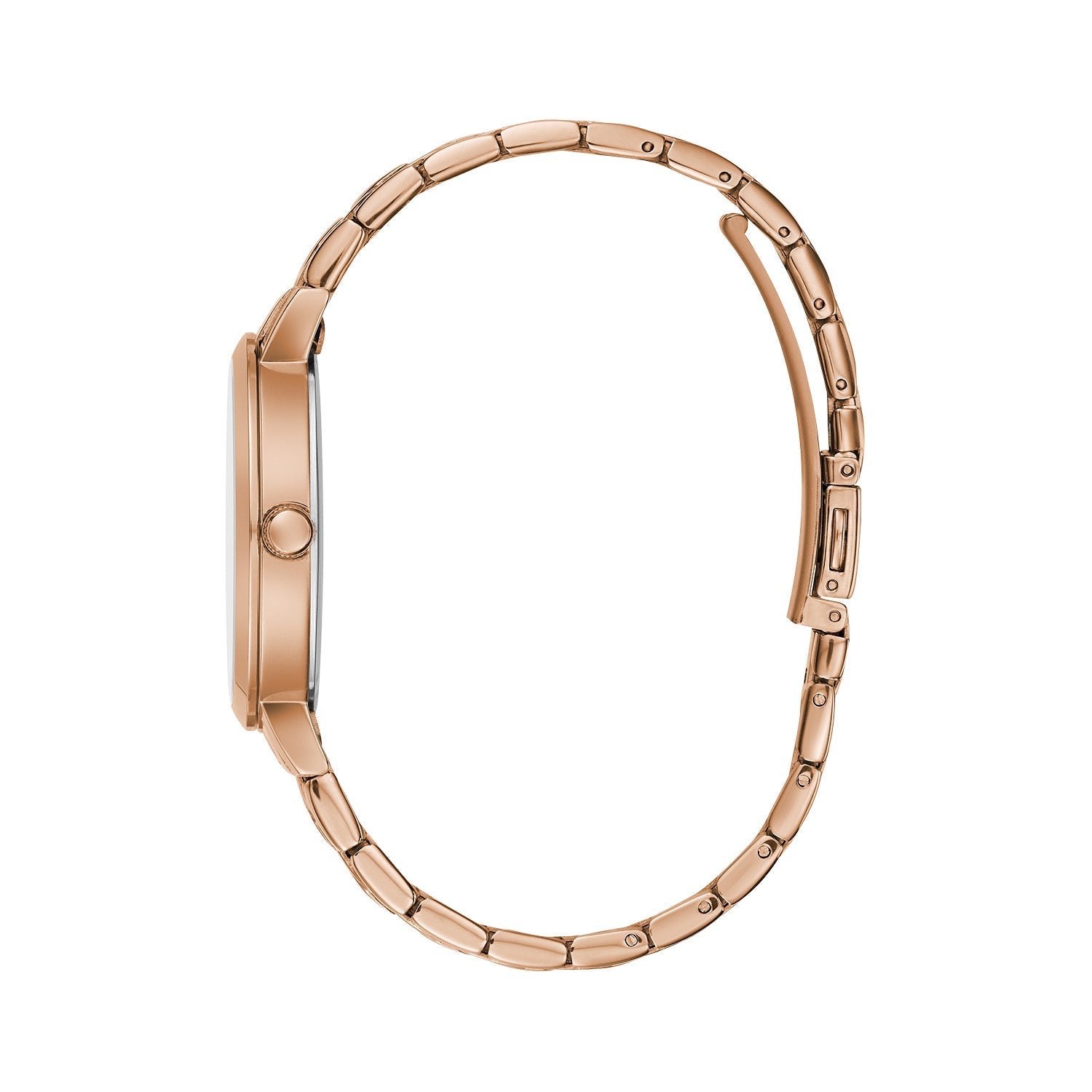 Side profile of the Caravelle by Bulova 44L252, showcasing the sleek rose gold-tone case and the seamless integration of the five-link bracelet.​