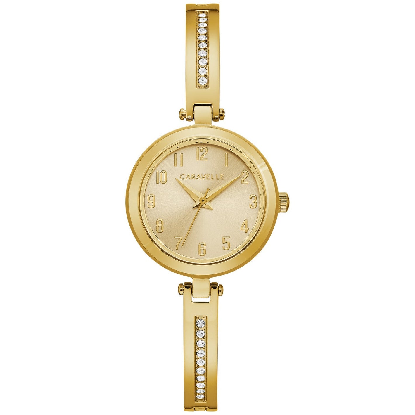 Caravelle by Bulova 44X100 women's watch with a gold-tone stainless steel case, champagne dial, metallic blue hands, and crystal hour markers—front view.