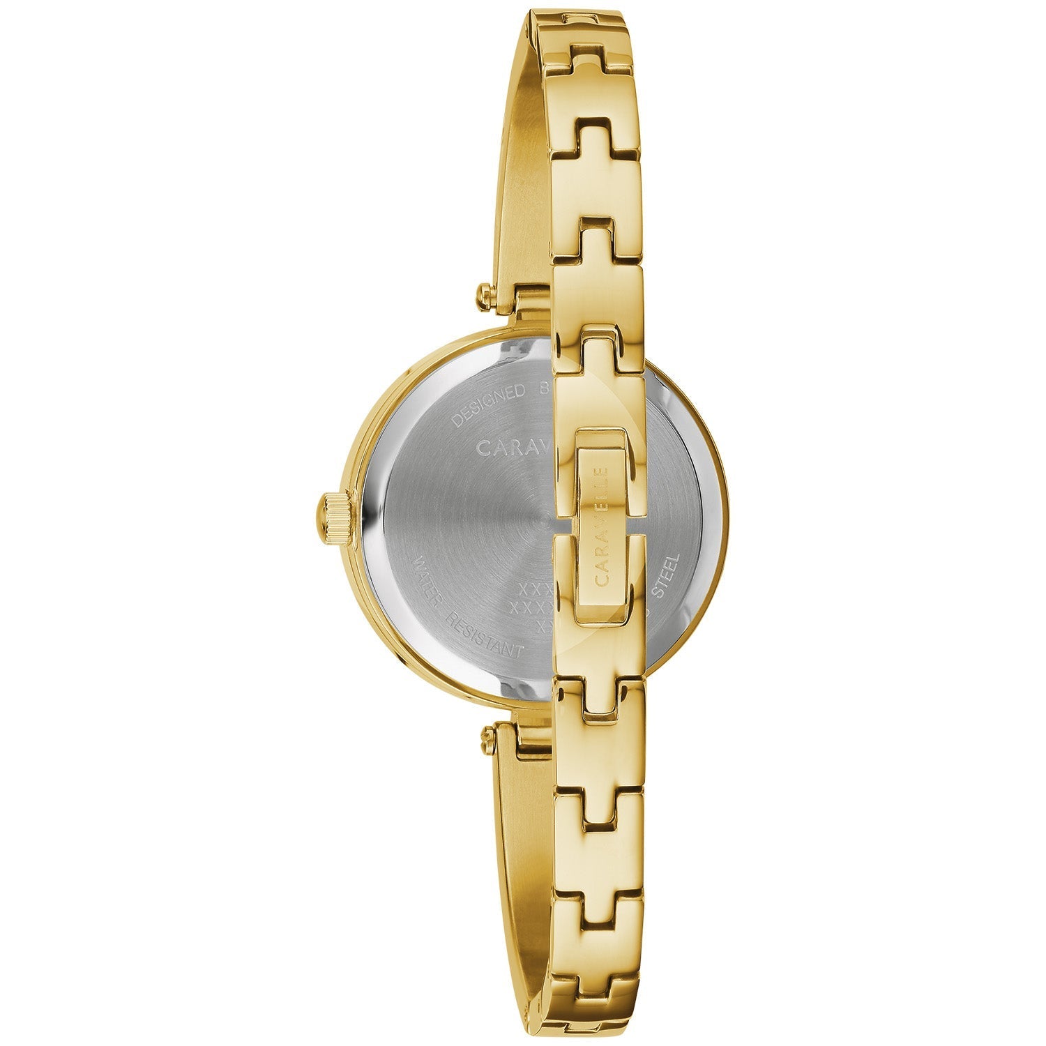 Back view of the Caravelle by Bulova 44X100, highlighting the stainless steel case back and bracelet clasp.