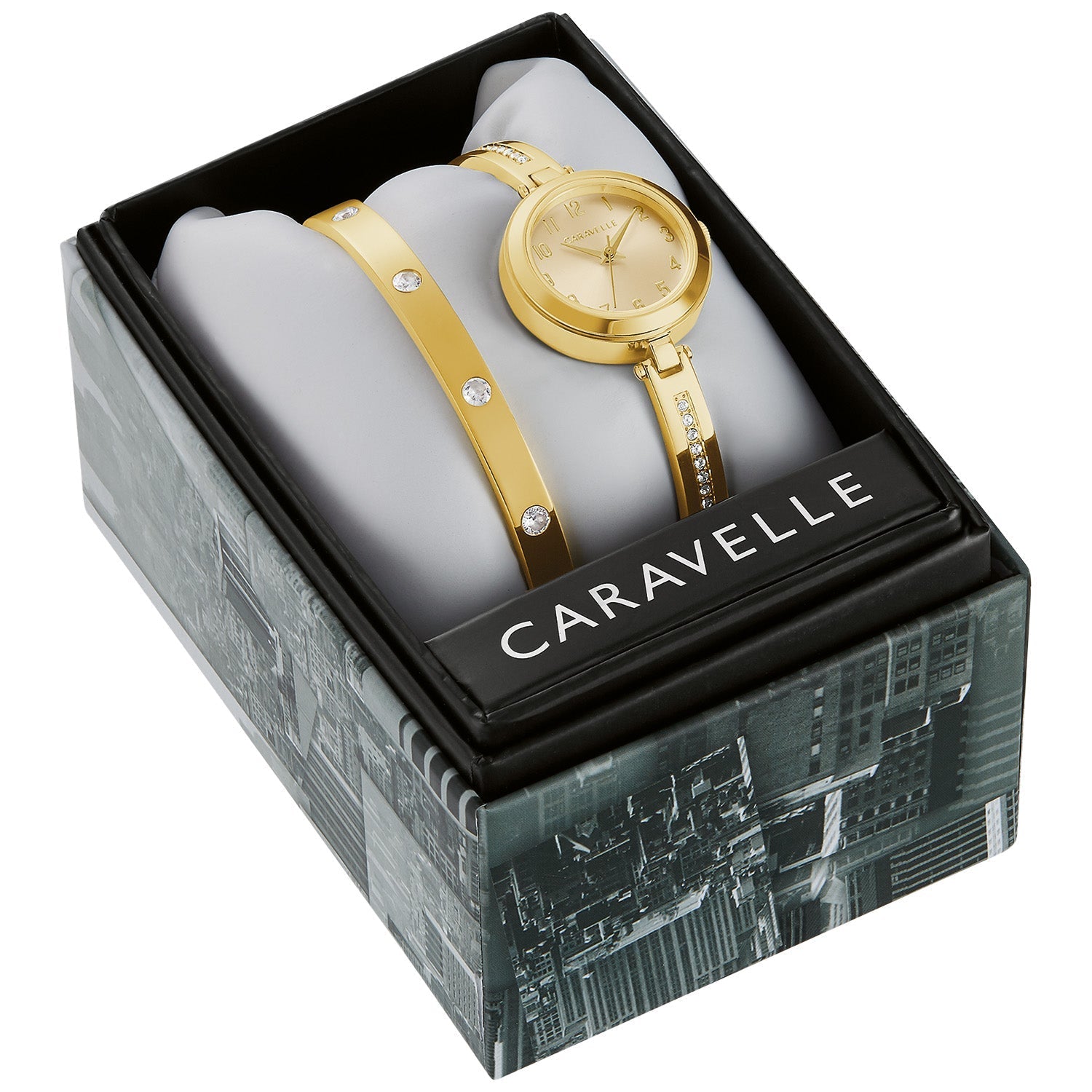 Caravelle by Bulova 44X100 packaging featuring a branded box with the watch and matching crystal-accented bangle bracelet.