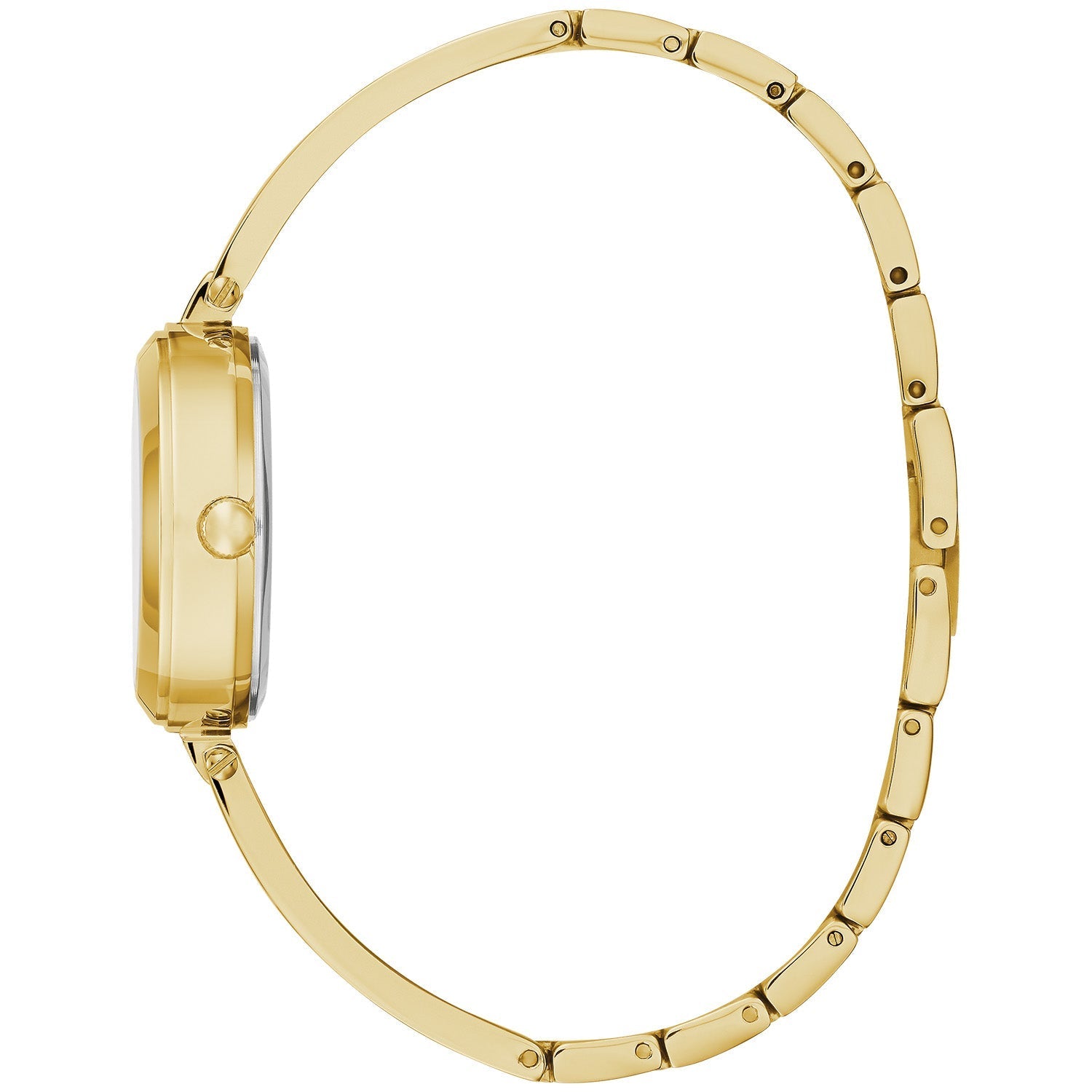 Side profile of the Caravelle by Bulova 44X100, showcasing the sleek gold-tone case and bangle bracelet.