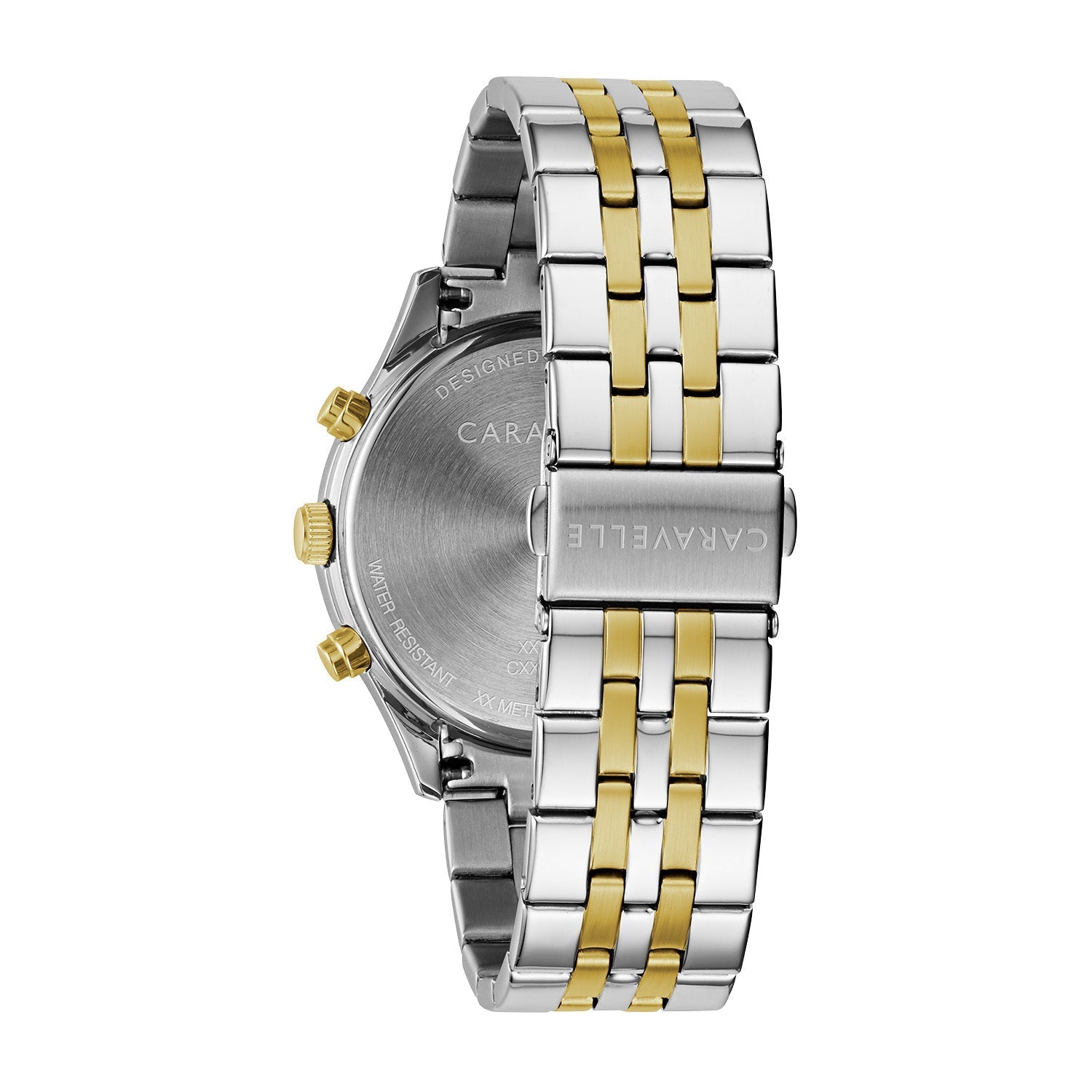 Rear view of the Caravelle 45A143, showcasing the stainless steel case back and bracelet with fold-over buckle closure.