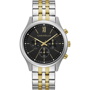 Caravelle by Bulova 45A143 watch featuring a 42mm two-tone stainless steel case, matte black dial with gold-tone accents, and a two-tone bracelet—front view.