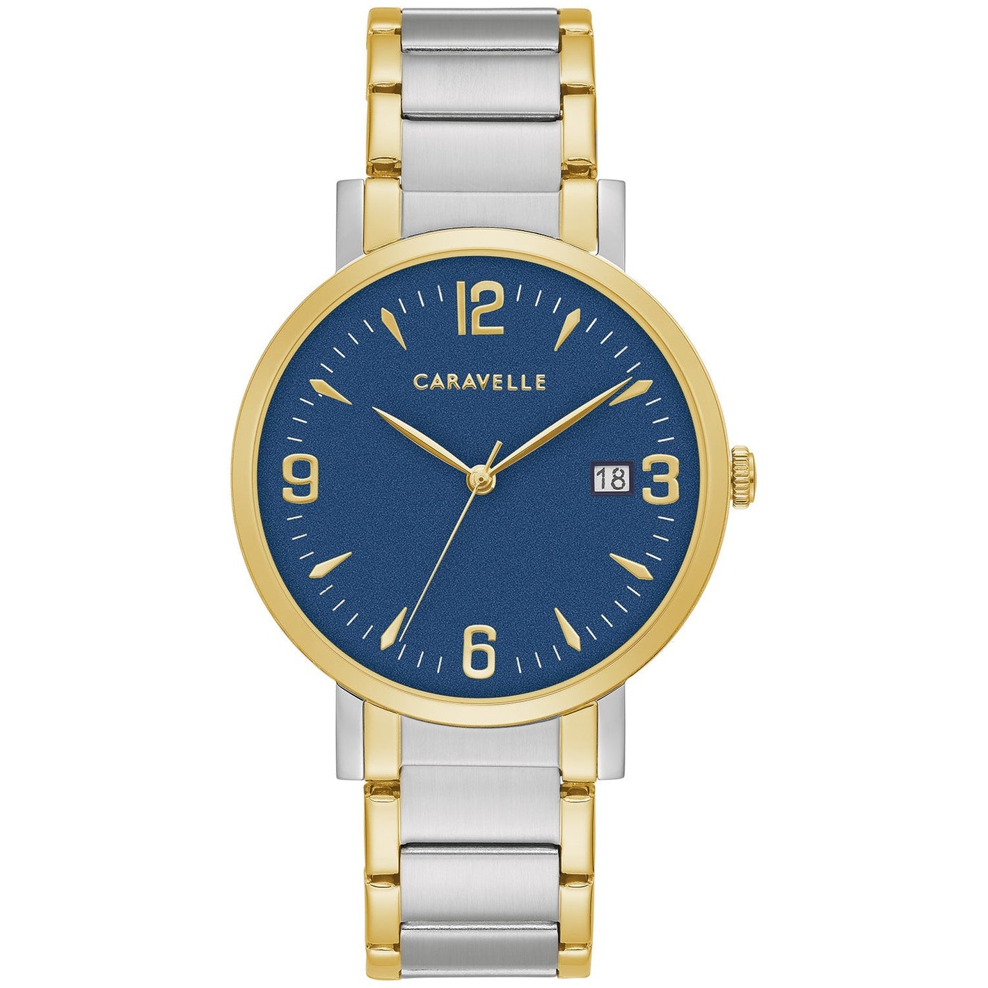  Caravelle by Bulova 45A149 men's watch featuring a blue dial with gold-tone hands and hour markers, encased in a 39mm two-tone stainless steel case, paired with a matching two-tone stainless steel bracelet.​