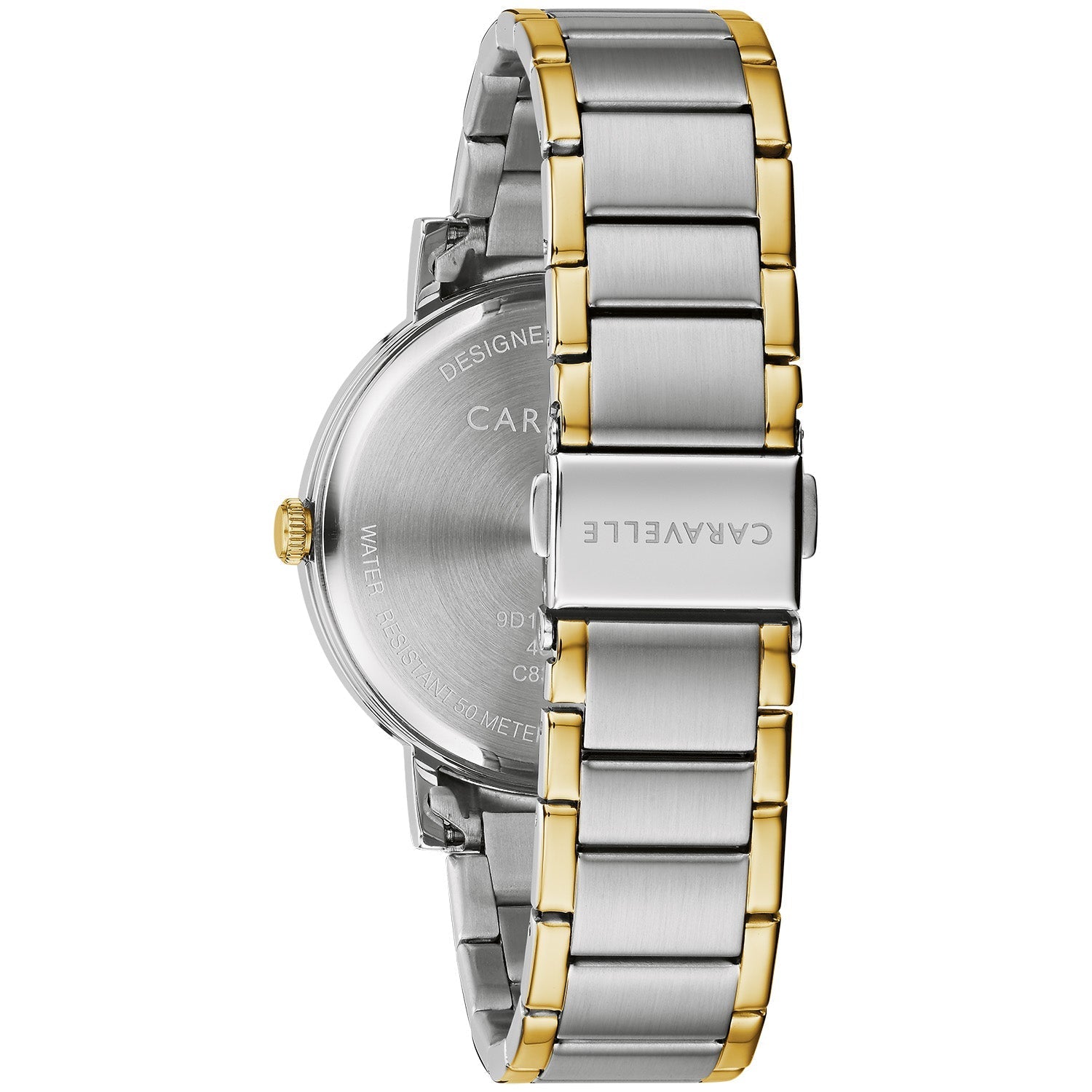  Rear view of the Caravelle by Bulova 45A149, highlighting the stainless steel case back and the bracelet's fold-over clasp with push buttons.