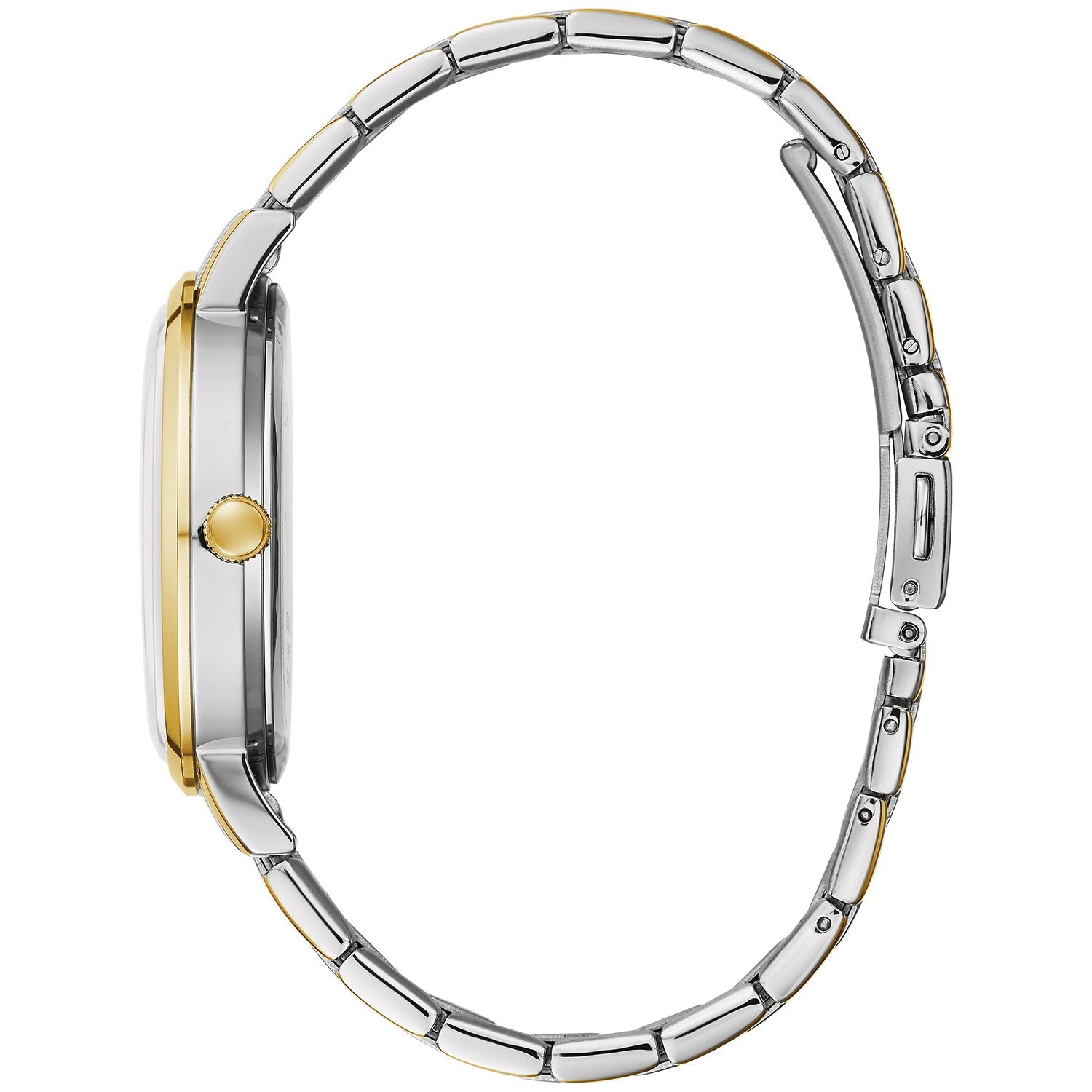 Side profile of the Caravelle by Bulova 45A149, showcasing the domed mineral crystal and the sleek design of the two-tone stainless steel case.​