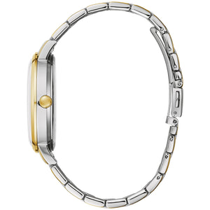 Side profile of the Caravelle by Bulova 45A149, showcasing the domed mineral crystal and the sleek design of the two-tone stainless steel case.​
