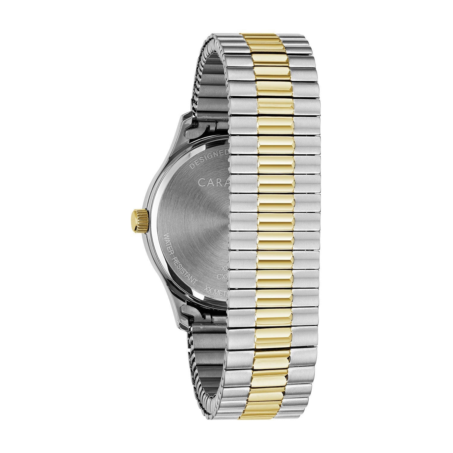 Rear view of the Caravelle by Bulova 45B147, highlighting the stainless steel case back and the expansion bracelet mechanism.