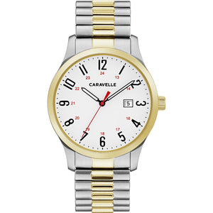 Caravelle by Bulova 45B147 men's watch featuring a matte white dial with bold 24-hour numerals and date feature, encased in a 40mm two-tone stainless steel case, paired with a matching expansion bracelet.​