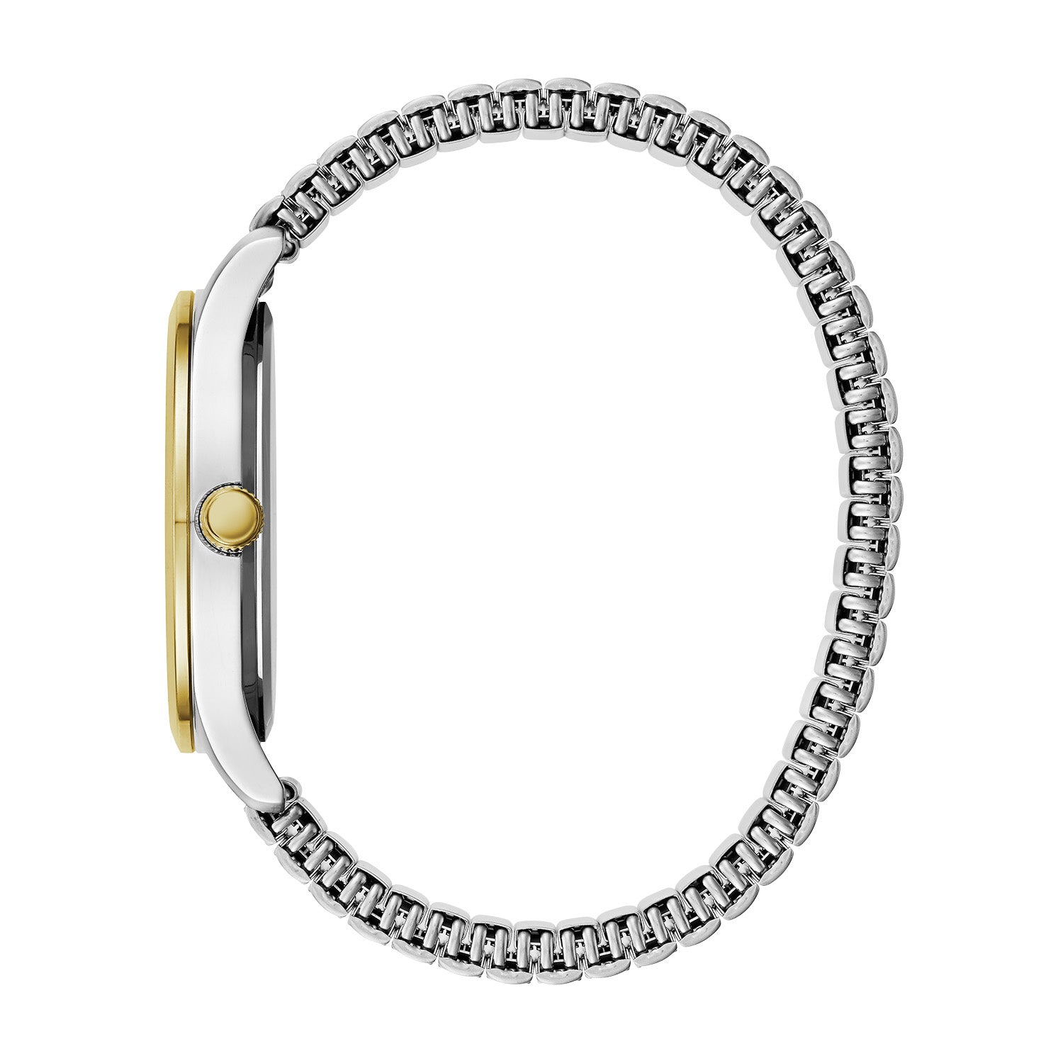 Side profile of the Caravelle by Bulova 45B147, showcasing the sleek two-tone stainless steel case and the expansion bracelet design.​