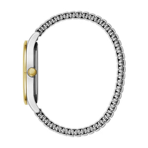Side profile of the Caravelle by Bulova 45B147, showcasing the sleek two-tone stainless steel case and the expansion bracelet design.​