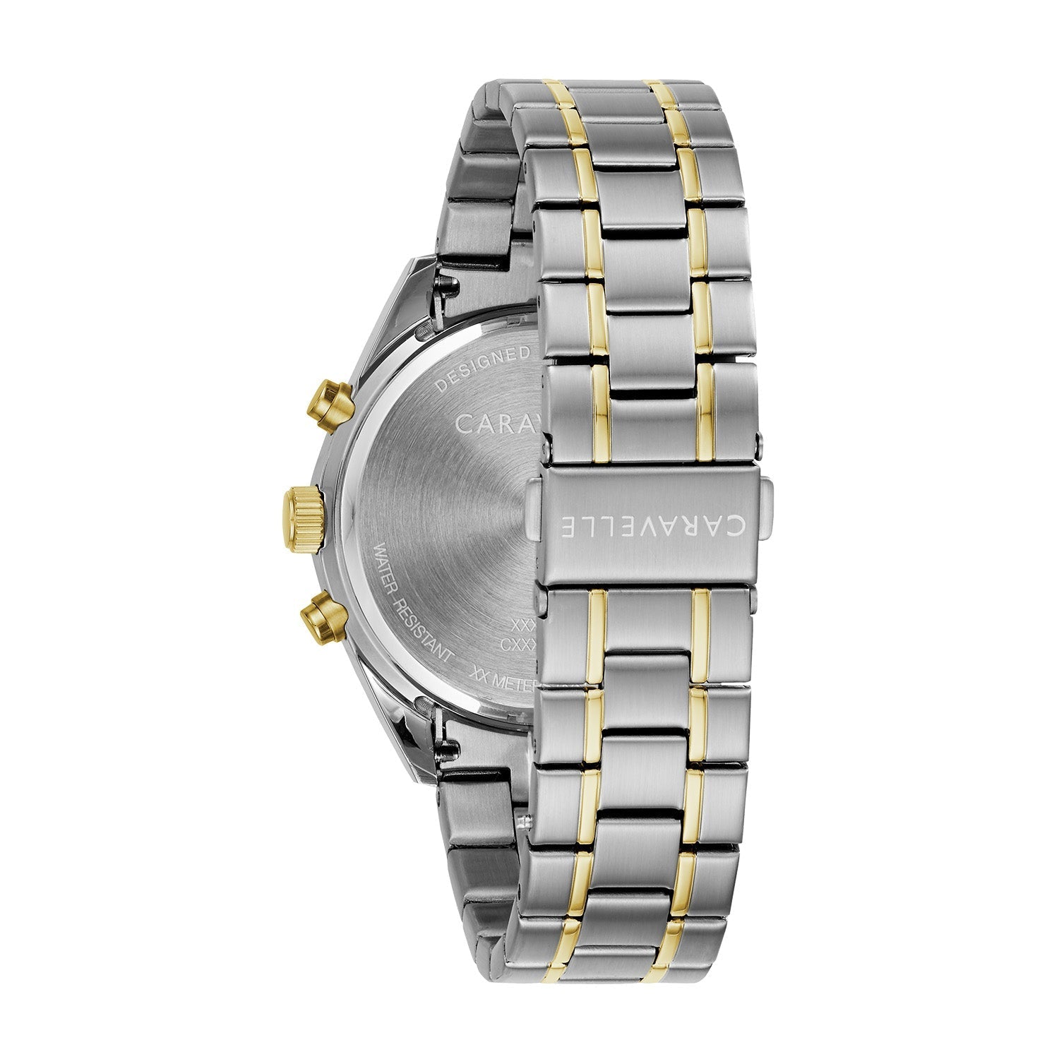 Rear view of the Caravelle by Bulova 45B152, highlighting the stainless steel case back and the bracelet's double-push fold-over closure.
