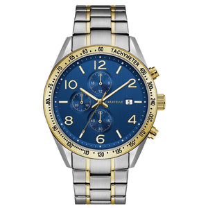 Caravelle by Bulova 45B152 men's watch featuring a blue dial with gold-tone luminous hands and markers, encased in a 44mm two-tone stainless steel case, paired with a matching two-tone stainless steel bracelet.
