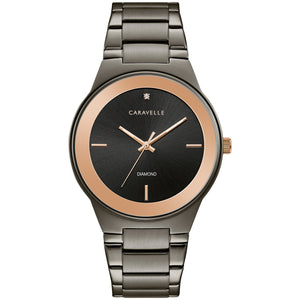 Alt Text - Front View: Caravelle by Bulova 45D109 men's watch with gunmetal stainless steel case, rose gold-tone bezel, and grey dial featuring a diamond marker at 12 o'clock—front view