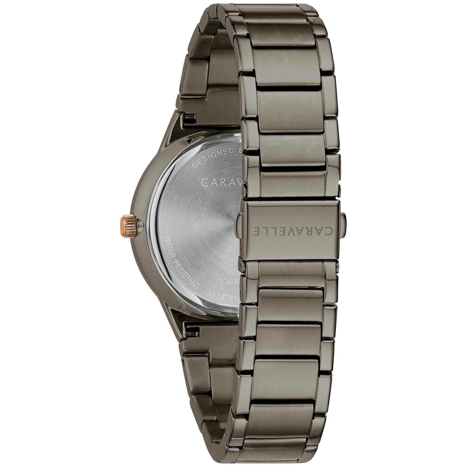  Back view of the Caravelle by Bulova 45D109, highlighting the stainless steel bracelet and clasp.