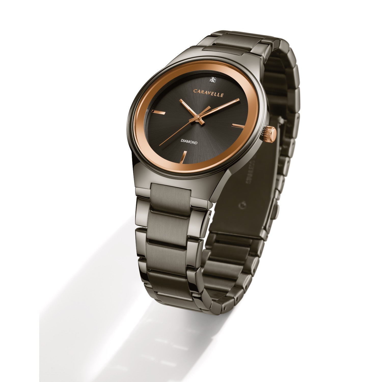 Caravelle by Bulova 45D109 men's watch with gunmetal stainless steel case, rose gold-tone bezel, and grey dial featuring a diamond marker at 12 o'clock—front view.