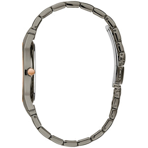 Side profile of the Caravelle by Bulova 45D109, showcasing the sleek gunmetal case and rose gold-tone bezel.