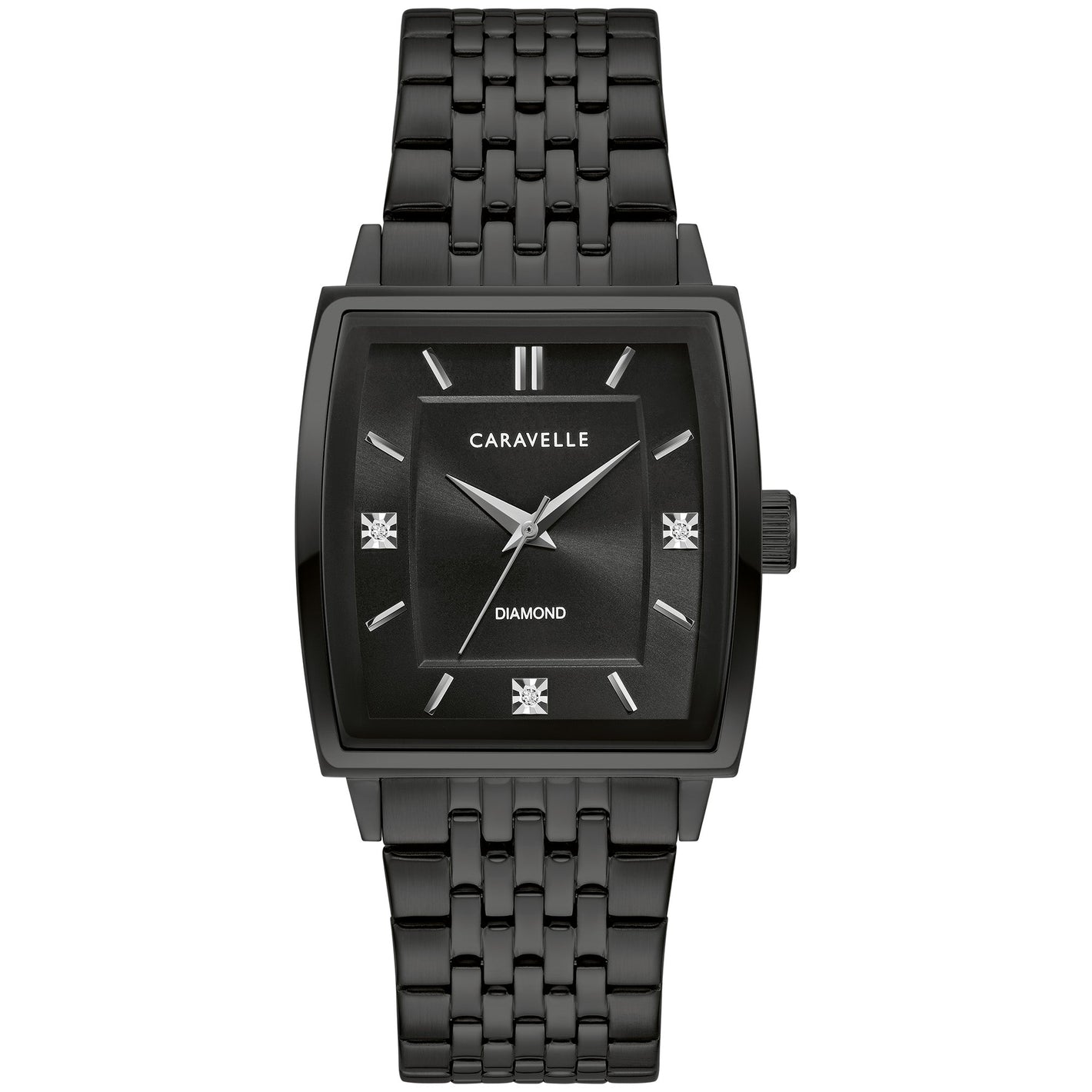 Caravelle 45D111 men’s black stainless steel watch with sunray black dial and three diamond hour markers—front angle.