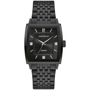 Caravelle 45D111 men’s black stainless steel watch with sunray black dial and three diamond hour markers—front angle.