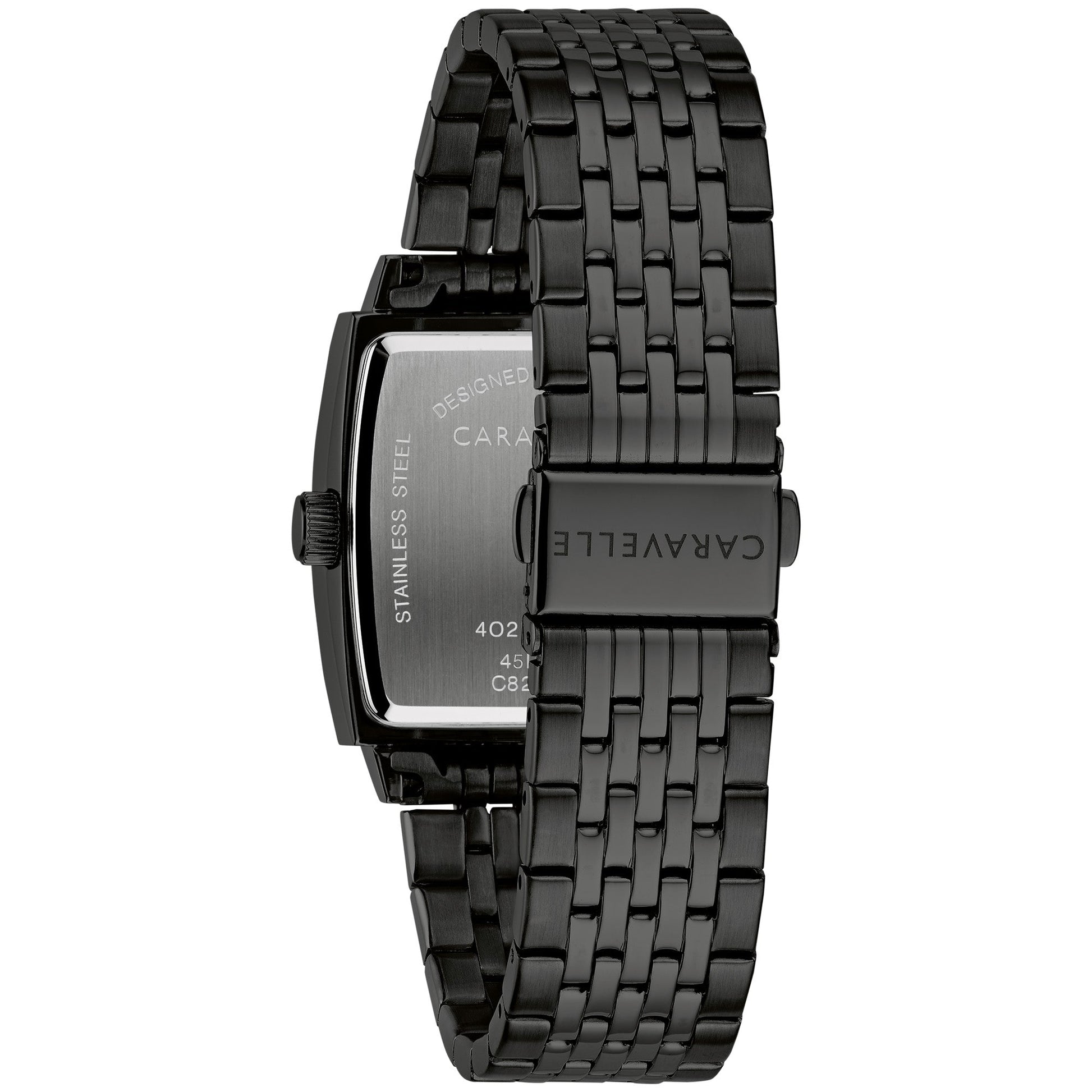 Back of Caravelle 45D111 highlighting fold-over clasp and stainless steel bracelet links.