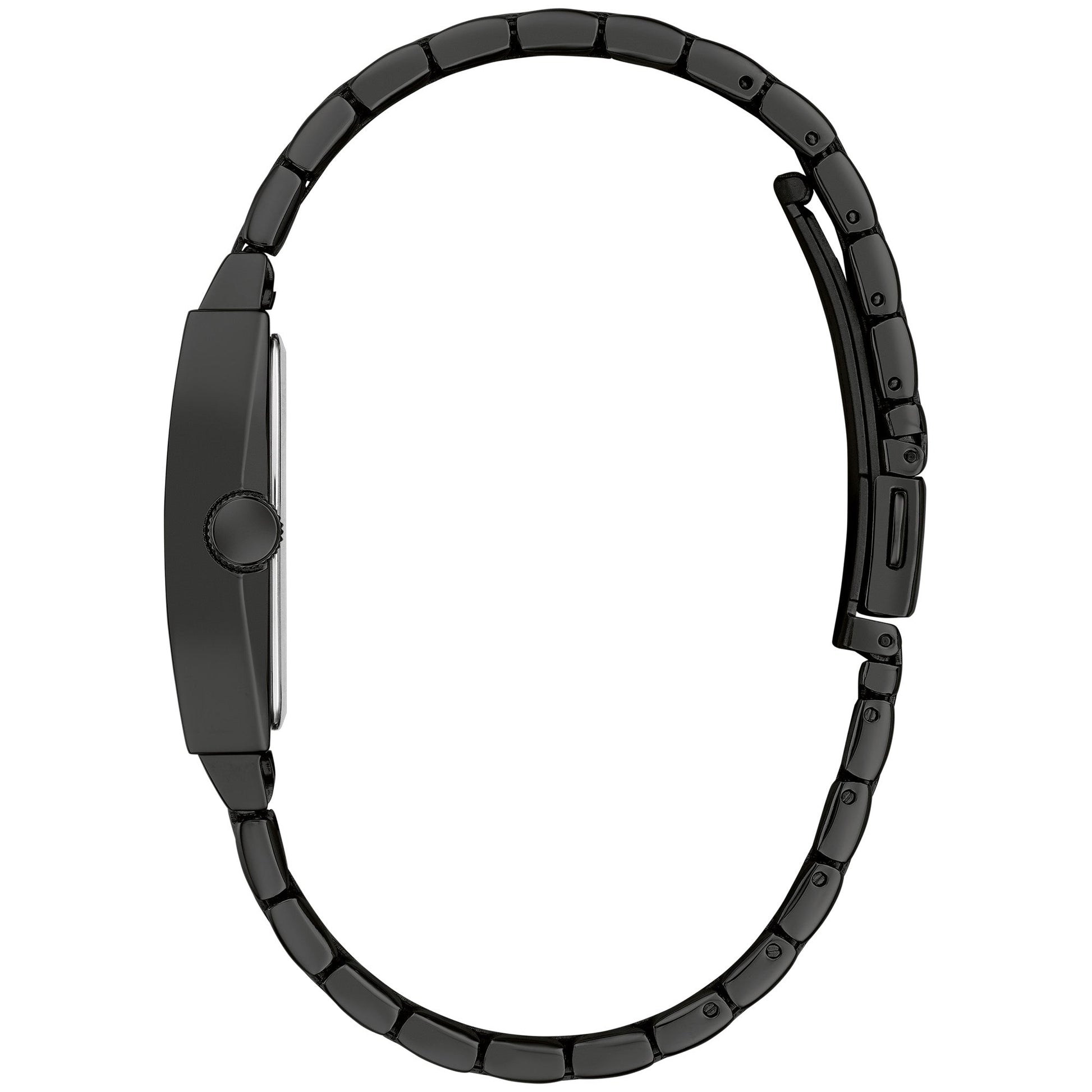 Profile view of Caravelle 45D111 showcasing curved mineral crystal and black-tone case edges.