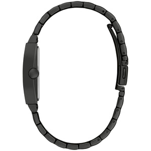 Profile view of Caravelle 45D111 showcasing curved mineral crystal and black-tone case edges.