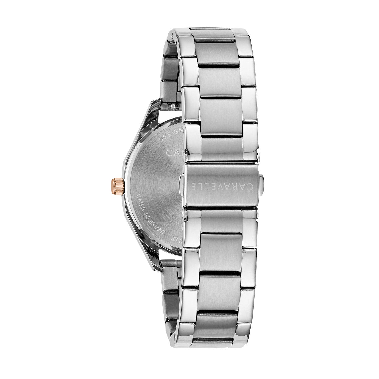 Back view of the Caravelle by Bulova 45L178, showcasing the stainless steel case back with engraved branding and the bracelet's fold-over clasp mechanism.