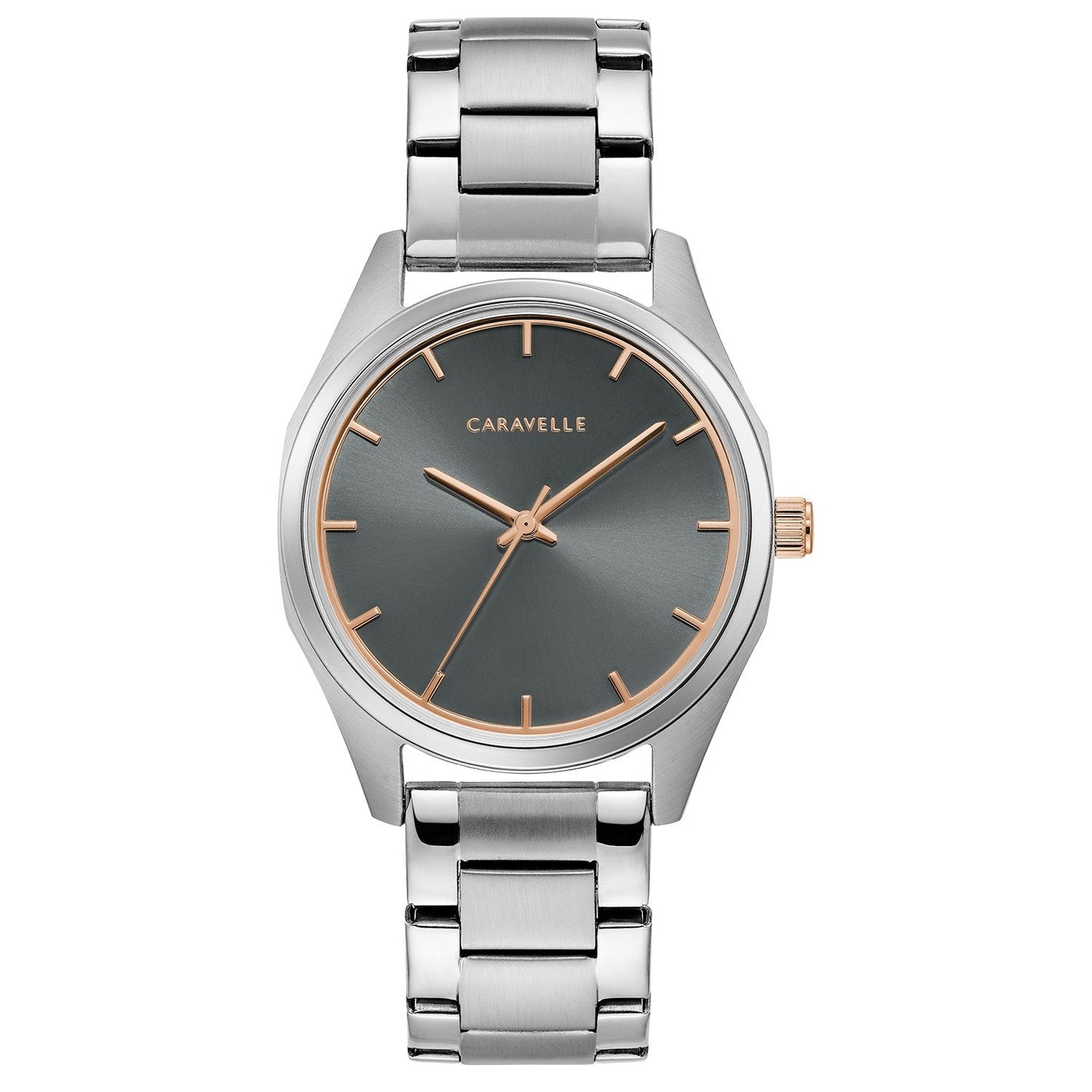 Caravelle by Bulova 45L178 women's watch featuring a gray sunray dial with rose gold-tone hands and dial ring, encased in stainless steel—front view.