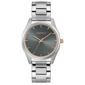 Caravelle by Bulova 45L178 women's watch featuring a gray sunray dial with rose gold-tone hands and dial ring, encased in stainless steel—front view.