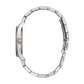 Side profile of the Caravelle by Bulova 45L178, highlighting the sleek stainless steel case and the seamless integration of the bracelet.